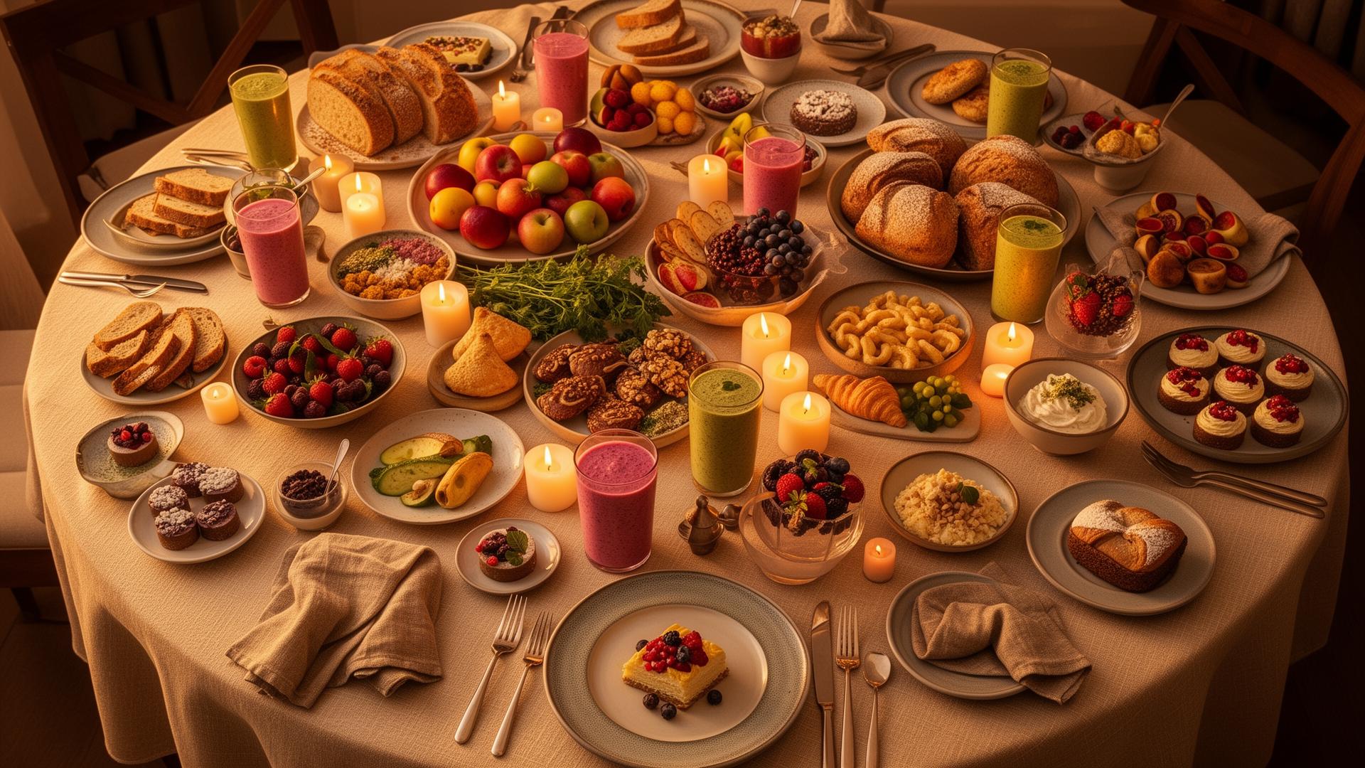 Mesa abundante de postres y comida saludable bajo luz cálida