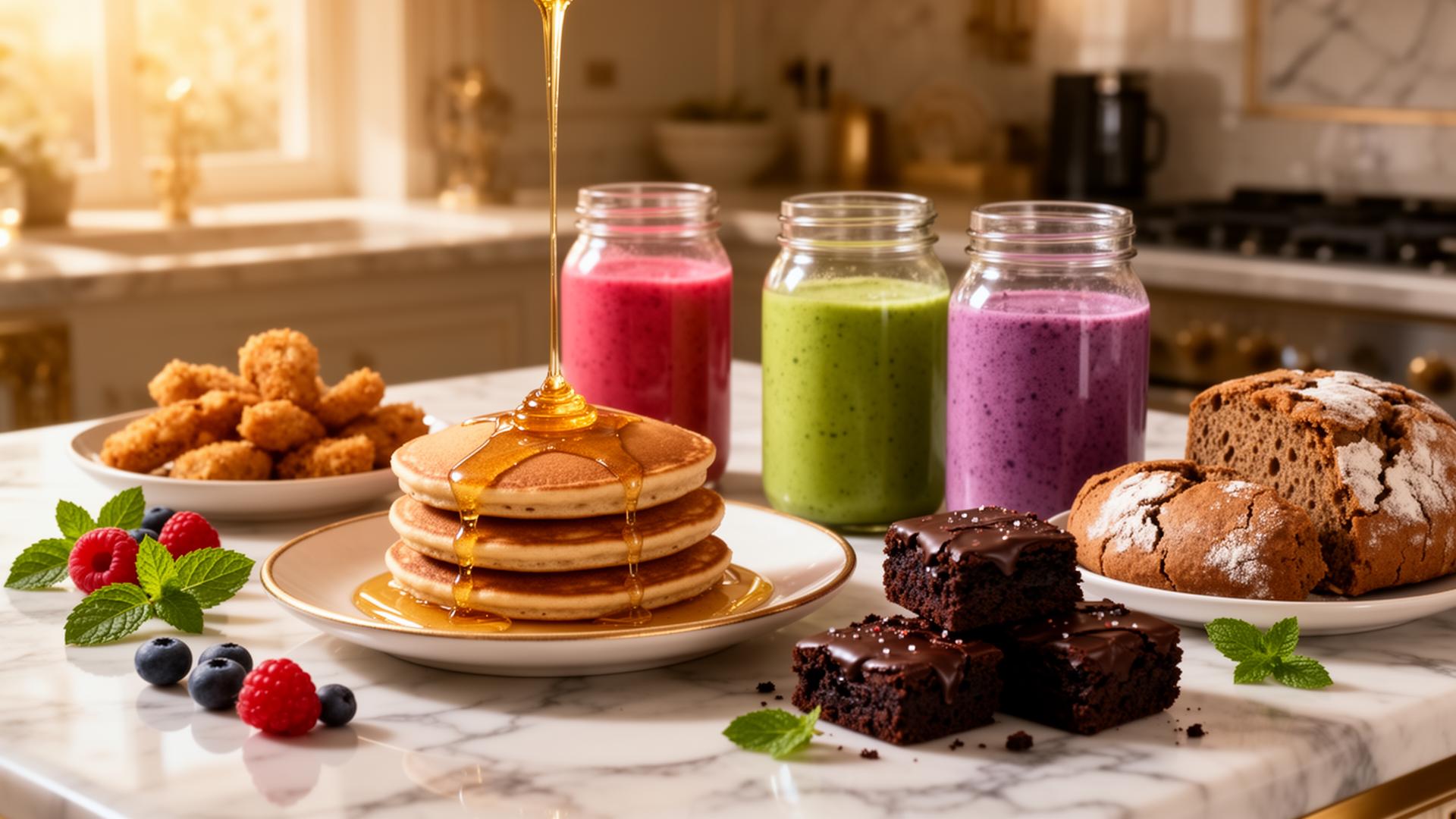Desayuno saludable de lujo: panqueques, pan artesanal y batidos antiinflamatorios