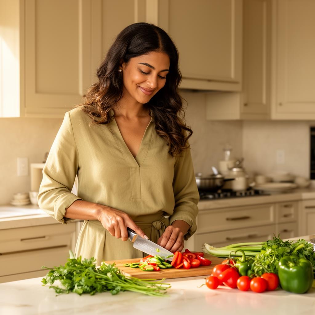 Mujer feliz cocinando en una cocina cálida y luminosa